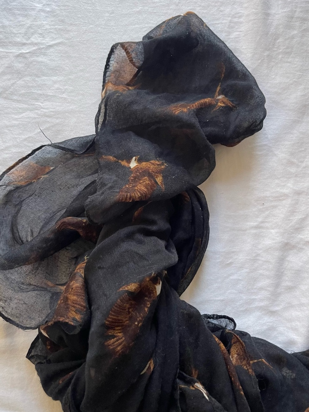 Lightweight Black Scarf with Brown Eagle Print